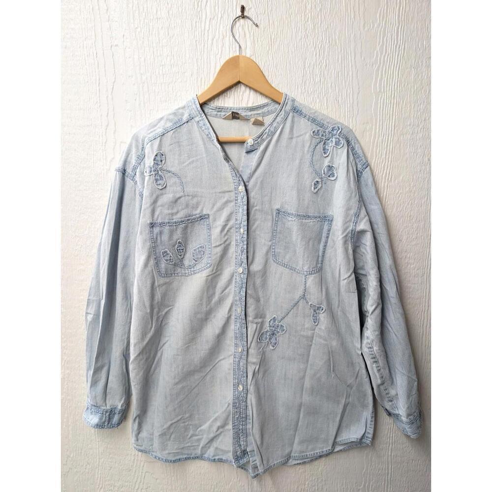 J Jill 100% Cotton Denim Embroidered Chambray Top Shirt Women's Size Large